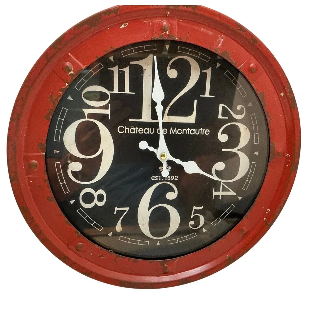 Chateau de Montautre Wall Clock Distressed Red Metal Industrial Farmhouse 12in